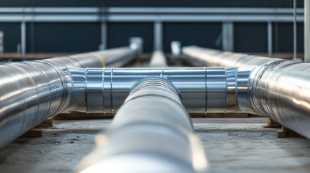 Shiny silver steel pipes arranged neatly on a construction site, ready for installation in a new industrial complex, reflecting the clean, polished metalwork.の素材
