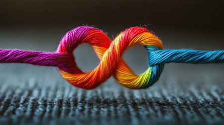 The infinity symbol created with colorful thread weaving through a needle, symbolizing the endless journey of creativity and artistic expression.の素材