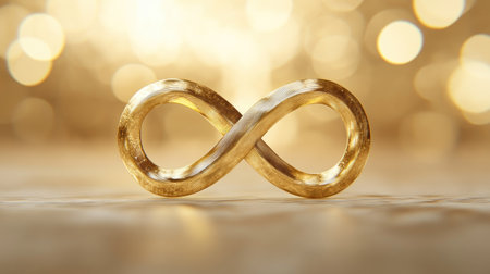 The infinity symbol formed from delicate golden rings, placed against a soft, blurred background to evoke feelings of eternity and love.の素材