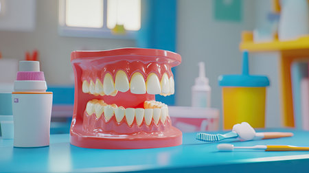 A dentist's desk with a dental model of teeth, along with oral hygiene products like toothpaste and floss, for teaching proper care.の素材