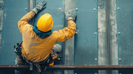 A worker in safety gear, positioning large metal sheets against a steel frame to construct the outer walls of an industrial building.の素材