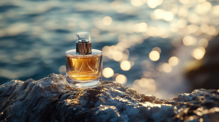 A stylish perfume bottle on a sunlit rock near the sea, evoking a peaceful and elegant atmosphere with the sound of the waves in the distance.の素材