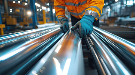 A worker wearing safety gloves and inspecting shiny silver steel pipes on a construction site, ensuring the material quality before installation.の素材