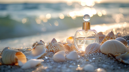 A perfume bottle surrounded by seashells on the beach, with the sparkling sea providing a peaceful and refreshing backdrop.の素材