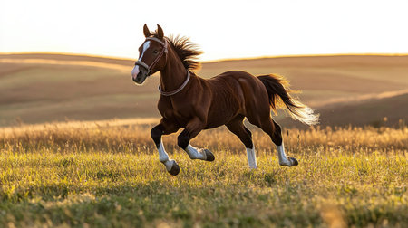 A young horse wearing a bridle in a grassy pasture, running freely through the open field with the sun setting in the background.の素材