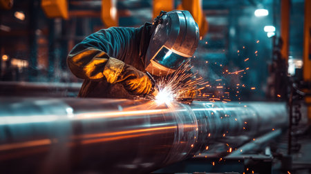 A worker welding shiny silver steel pipes together at a metalworking facility, creating a strong and durable industrial framework.の素材