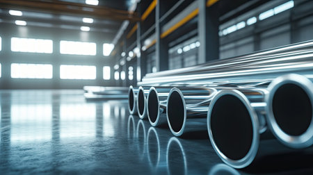 Shiny silver steel pipes leaning against a wall in a warehouse, reflecting the overhead lighting in the polished surfaces, showing industrial strength and precision.の素材