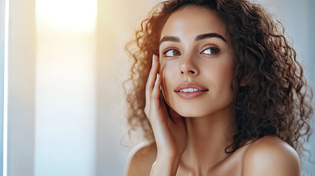 A woman with radiant skin, lightly touching her cheek and admiring her youthful, healthy face in the mirror, emphasizing a glowing, natural look.の素材