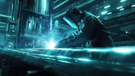 A worker using a welding torch on shiny silver steel pipes in a factory, with the gleaming metal surface glowing under the intense heat.の素材