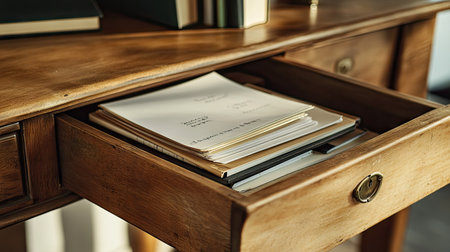 A wooden office table with a drawer open just enough to reveal a stack of important documents and a notebook, highlighting an organized space.の素材