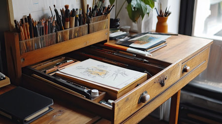 A wooden desk with an open drawer, revealing a collection of drawing materials, sketchbooks, and art supplies, perfect for a creative workspace.の素材