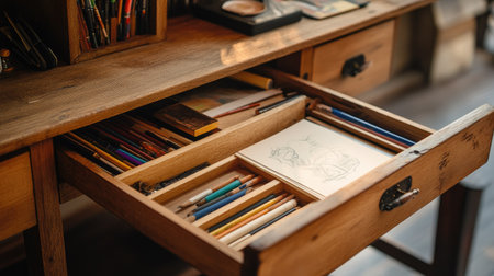 A wooden desk with an open drawer, revealing a collection of drawing materials, sketchbooks, and art supplies, perfect for a creative workspace.の素材