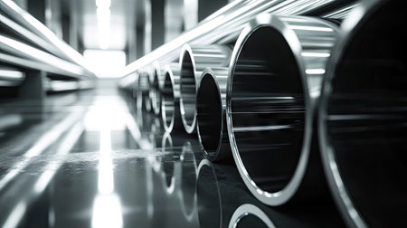 Shiny silver steel pipes leaning against a wall in a warehouse, reflecting the overhead lighting in the polished surfaces, showing industrial strength and precision.の素材