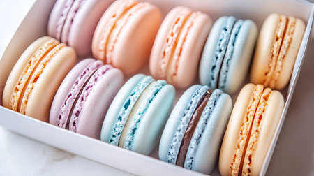 A selection of pastel macarons in a luxury box, featuring soft hues like light blue, peach, and lavender.の素材