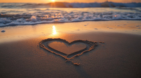 A romantic heart etched into the sand, with the ocean's waves crashing softly in the background and the soft glow of the setting sun reflecting off the water.の素材