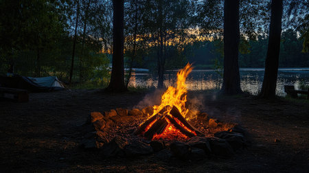 A roaring campfire crackling at night, with flames dancing in the darkness, casting a warm glow on the surrounding trees and campsite.の素材