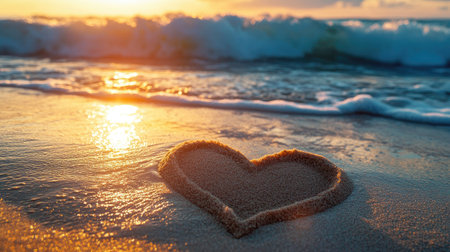 A romantic heart etched into the sand, with the ocean's waves crashing softly in the background and the soft glow of the setting sun reflecting off the water.の素材