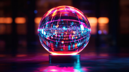 A neon-lit holographic disco ball radiating electrifying rainbow reflections.の素材