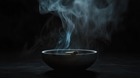 A lit cigarette in an ashtray with smoke swirling dramatically against a black backdrop.の素材