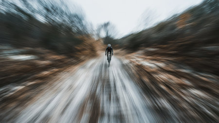 A blurred foreground and background as a gravel cyclist powers through a rugged off-road trail.の素材