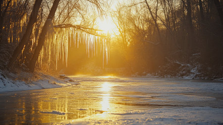 A breathtaking winter sunset casting golden light on icicles hanging over a frozen river.の素材