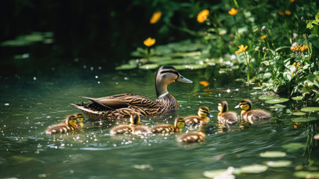A mother duck and her ducklings swimming through clear pond water, surrounded by wildflowers and green foliage on a bright sunny dayの素材