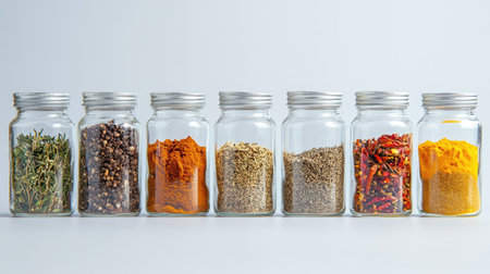 A series of glass jars containing different types of spices, including dried herbs and ground seasonings, isolated on a simple background.の素材