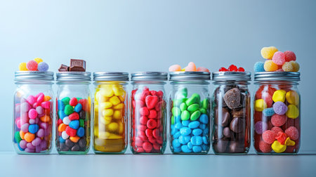 A series of jars filled with an assortment of sugary delights like candies, gummies, and chocolates, isolated against a neutral background.の素材
