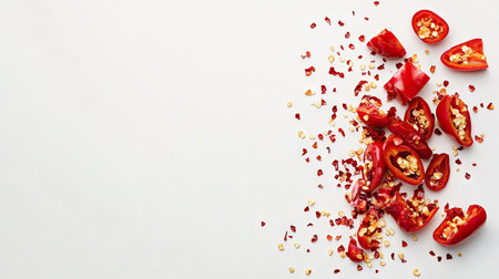 A group of sliced red chili peppers with spicy seeds spilling out, set against a clean white backdrop.の素材