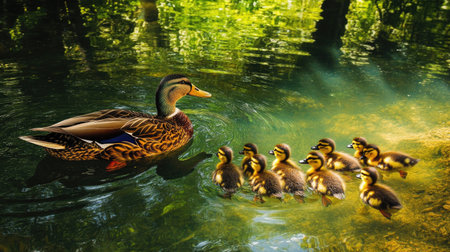 A mother duck and her ducklings swimming together in a pond, the water clear and reflecting the vibrant green trees on the shoreの素材