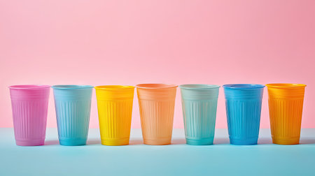 A minimalist shot of plastic cups in various bright colors, each standing independently against a clean backdrop.の素材