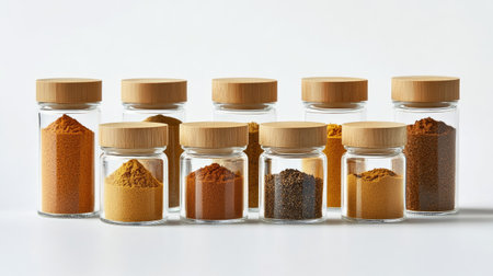 A series of glass jars filled with aromatic spices like cumin, curry powder, and chili flakes, arranged on a white background.の素材