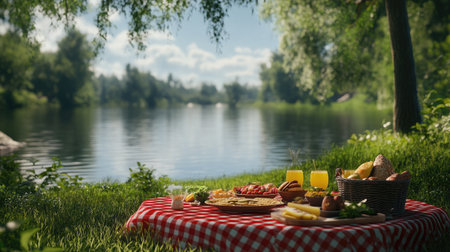 A lakeside picnic with a red checkered tablecloth, a spread of snacks, and a peaceful nature view in the background.の素材