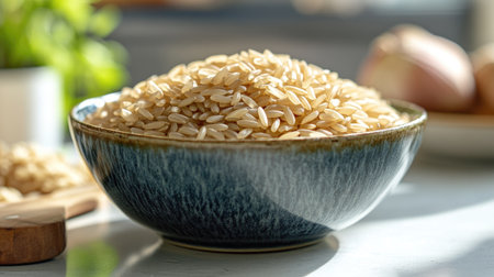 A bowl of dry brown short-grain rice placed on a kitchen counter with sunlight highlighting the details of the grains.の素材