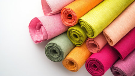 A set of neatly rolled cotton fabrics in various vibrant colors like pink, green, and orange, isolated on a light background.の素材