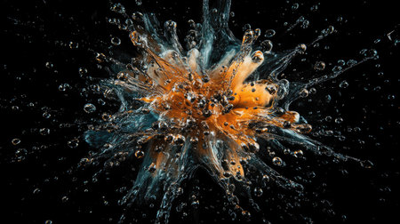 A bold and energetic water explosion, with intricate details of each droplet against deep black.の素材