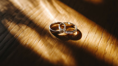 Two wedding rings placed on a wooden table, the light casting shadows that form beautiful shapes around them, creating a sense of warmth and love.の素材