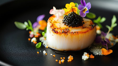 A beautifully plated gourmet scallop topped with delicate edible flowers and a dollop of caviar, presented on a sleek black plate.の素材