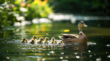 A mom duck leading her little ducklings across a pond, the gentle ripples creating a calming effect, with greenery and flowers along the shoreの素材