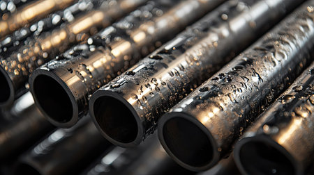 A detailed shot of polished silver steel pipes, showing the sleek texture and strength of the metal, ready for use in construction or factory applications.の素材