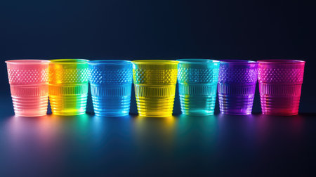 A group of multicolored plastic cups in bold colors, isolated on a dark background for a striking look.の素材
