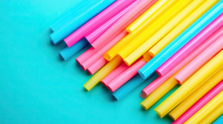 A group of vibrant drinking straws in shades of pink, yellow, and blue, lying on a table.の素材