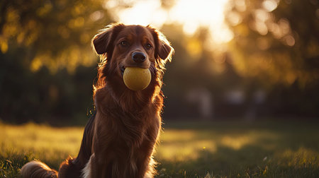 A dog sitting calmly with a ball in its mouth, waiting patiently for its owner to throw it. The peaceful background adds to the dog's focused expression.の素材