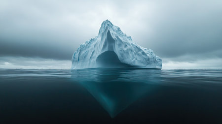 An iceberg with only a small peak visible, while its enormous submerged base remains hidden.の素材