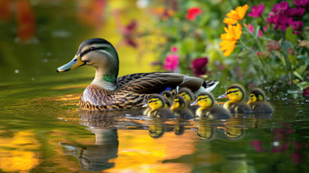 A mother duck with her ducklings swimming in a pond, the water reflecting the vibrant colors of the wildflowers growing along the edgeの素材