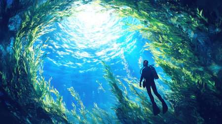 A beautiful underwater landscape with a scuba diver admiring the swaying seaweed.の素材