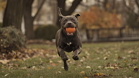A dog running joyfully with a ball in its mouth, tail wagging furiously. The action shot captures the dog's excitement and love for playing outdoors.の素材