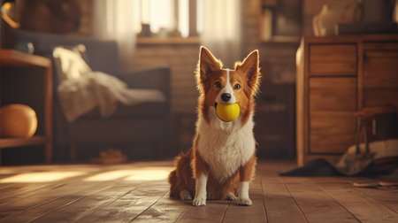 A dog holding a ball in its mouth while sitting on a wooden floor, eyes bright with excitement for an upcoming game. The room is cozy and inviting.の素材