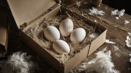 A set of eggs in a cardboard box, with feathers and hay scattered around for a fresh farm aesthetic.の素材
