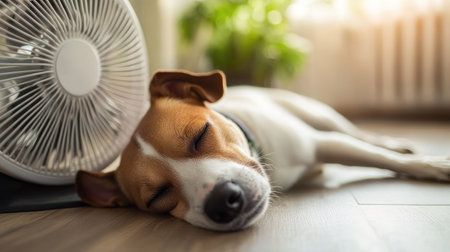 A cute dog resting in front of a fan on a hot day, stretched out comfortably on the floor with a content expression. The fan gently blows air through the room.の素材